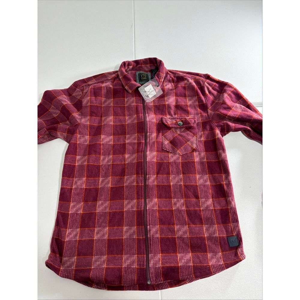 VTG 1946 Mens XL Burgundy Plaid Fleece Zip Up Flannel Shacket Jacket NWT